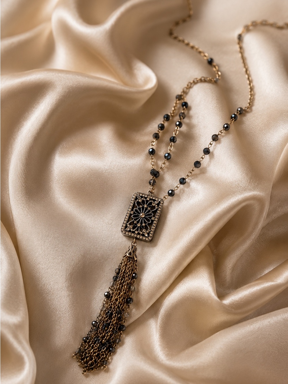 Vintage Boho Tassel Statement Necklace Crystal Beads Long Pendant Gold Tone